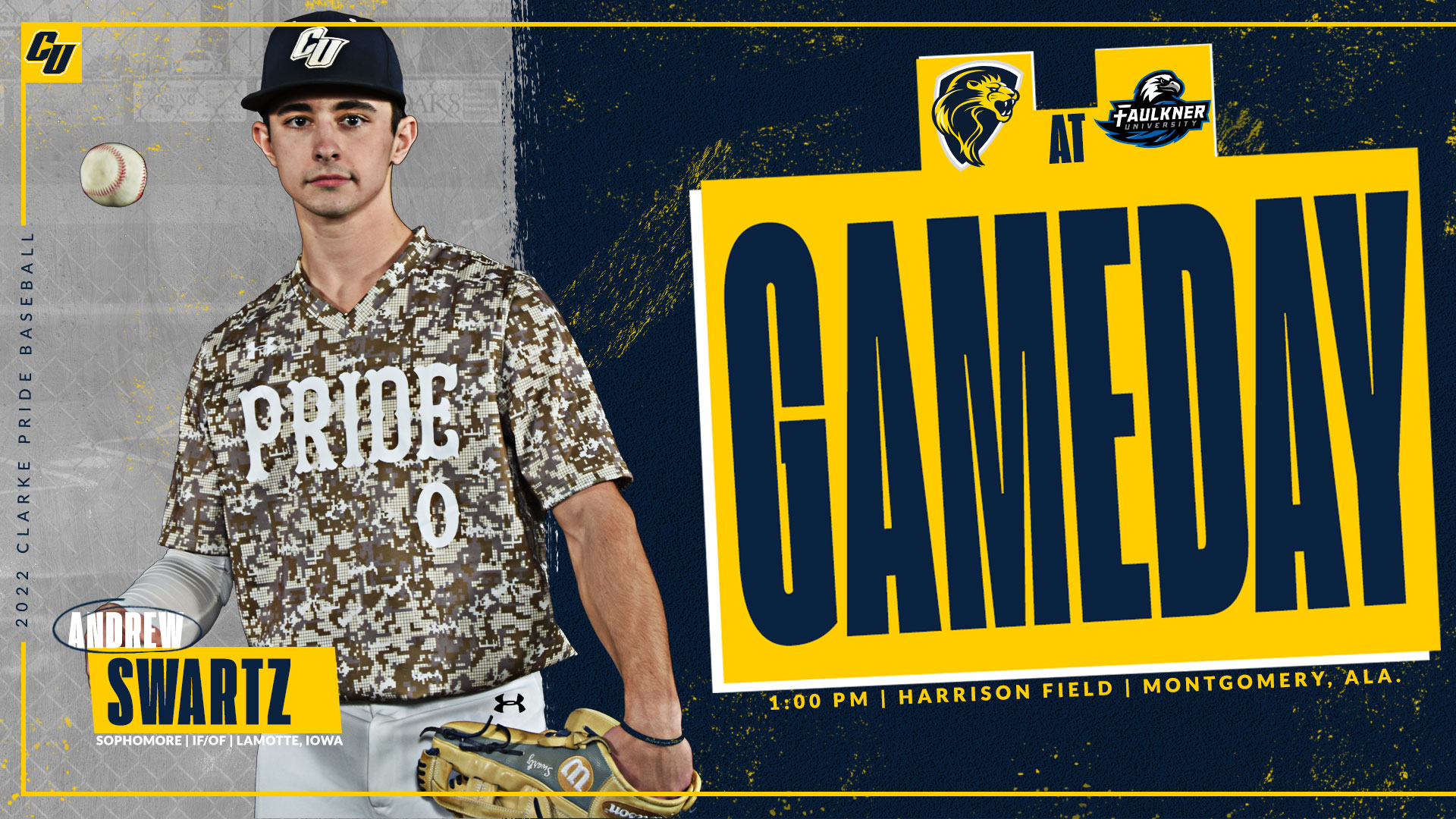Gameday
1:00 PM | Harrison Field | Montgomery, Ala.
Andrew Swartz
Sophomore | IF/OF | LaMotte, Iowa
2022 Clarke Pride Baseball