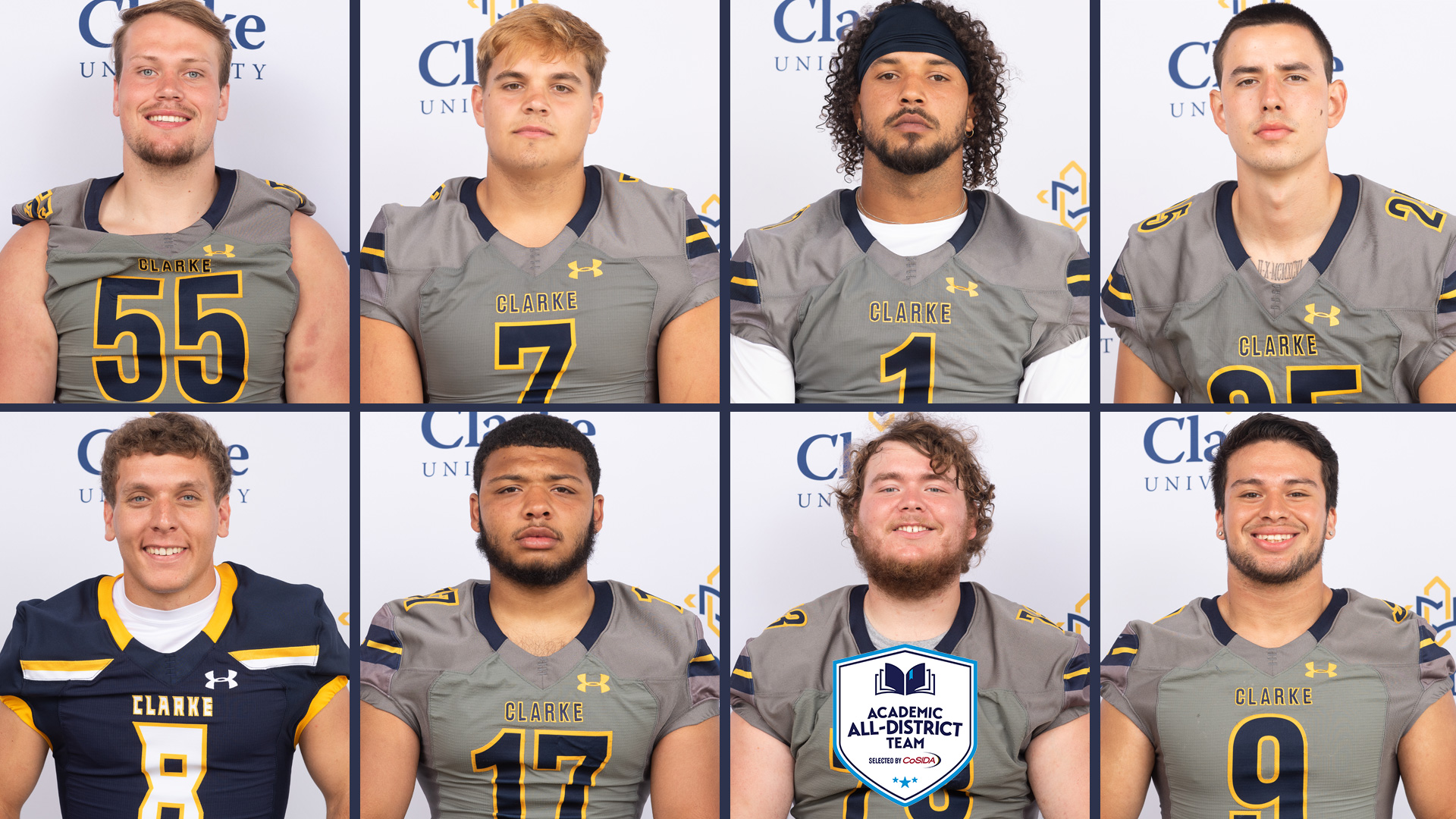 Clarke Football All-Heart Honorees, Jeremy Lennox, Griffin Mulcahy, Kenneth Spaight, Johel Gonzalez, Max Steffen, Bryan Valdes, Shawn Buhr, and Israel Hernandez