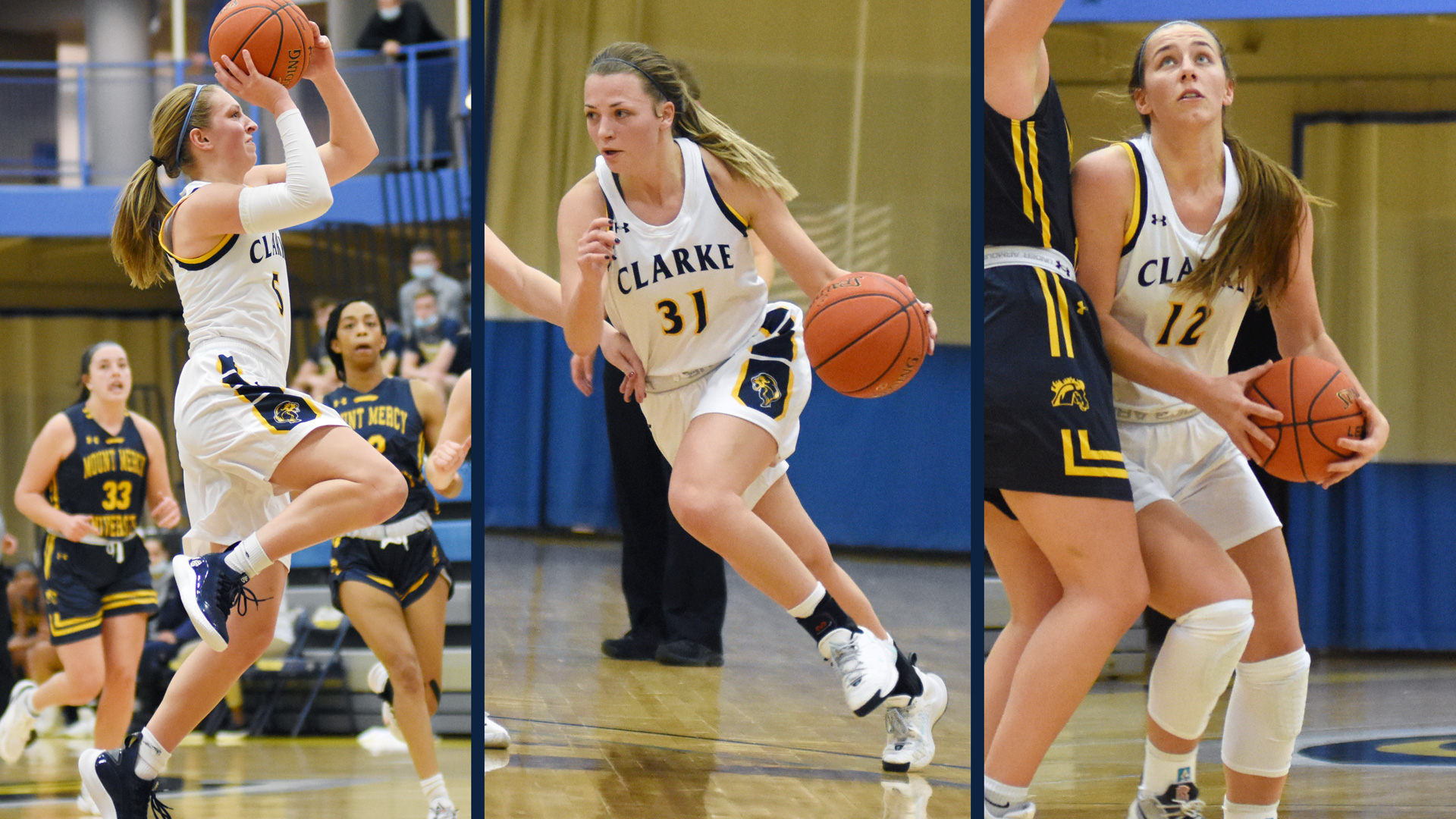 Left to right: Nicole McDermott attempting a shot, Hannah Ambrosy dribbling, and Taylor Haase posing up a defender
